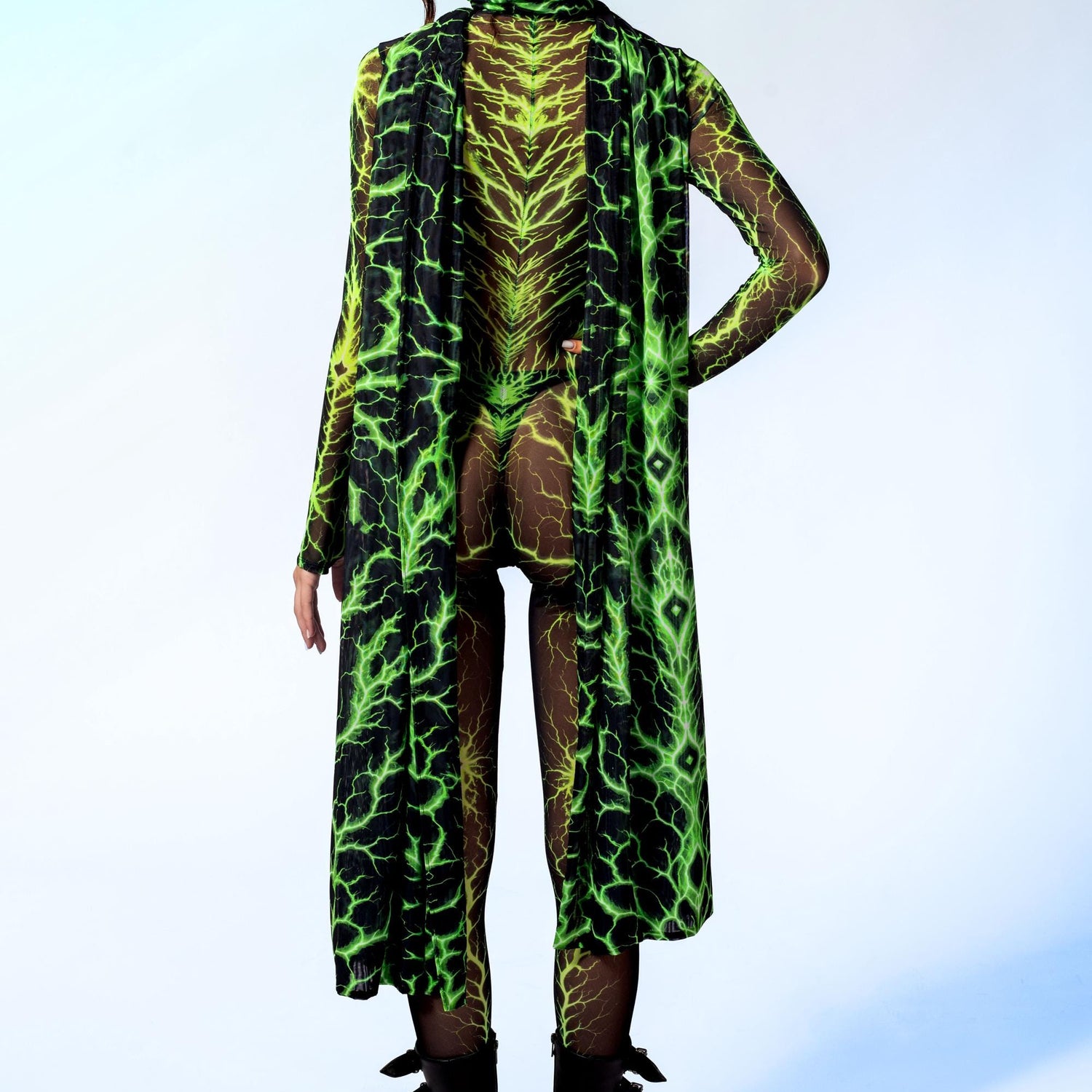 Shock Waves Green Long Hooded Scarf Mesh, UV Reactive