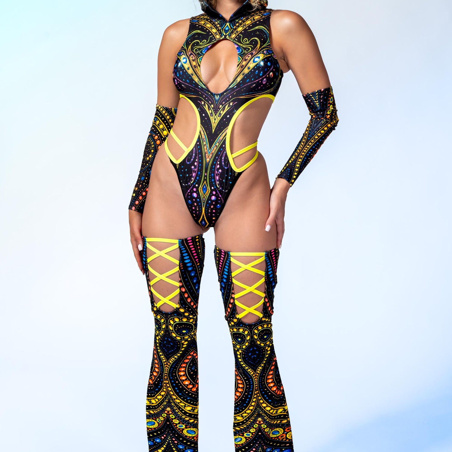 Desert Oracle Strappy Hooded Bodysuit Black, Yellow