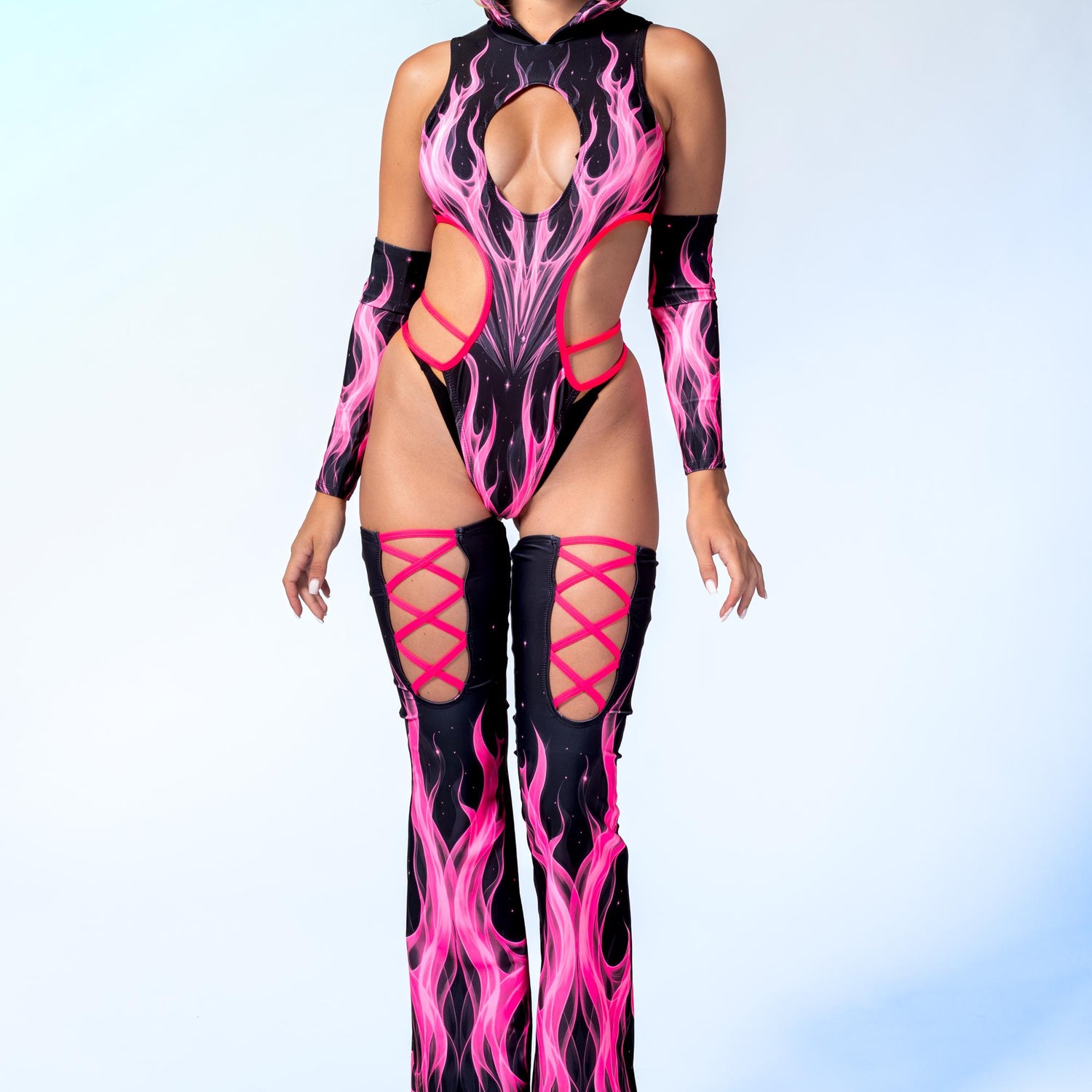 Candy Fire Strappy Hooded Bodysuit Black, Pink