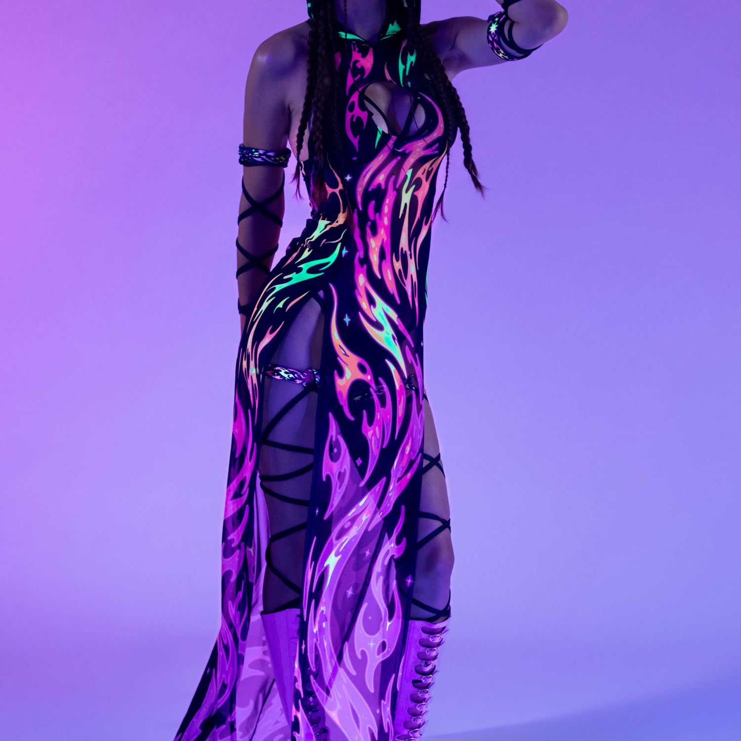 Women Serpentine Flame Mesh Hooded Dress
