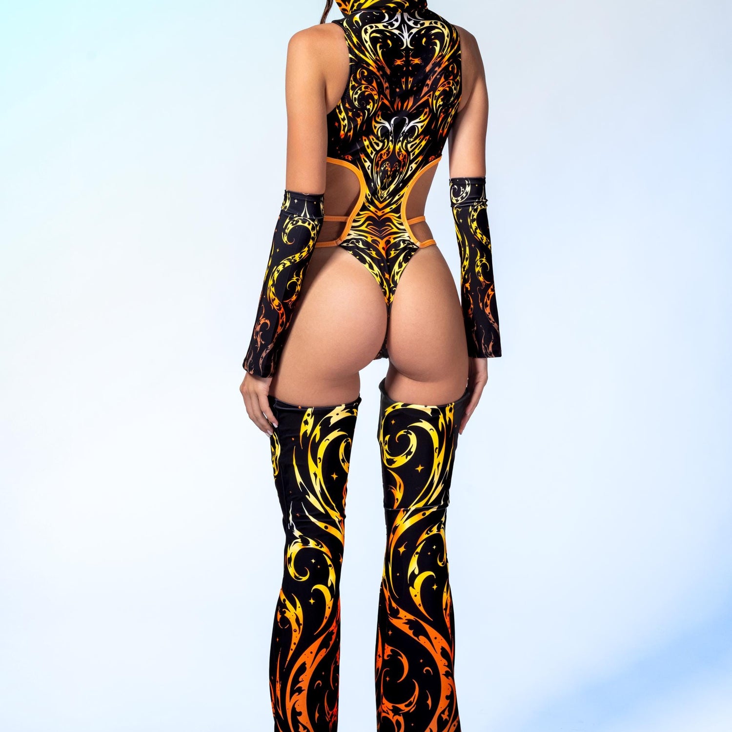Pyre Stripes Hooded Strappy Bodysuit Lycra, UV Reactive
