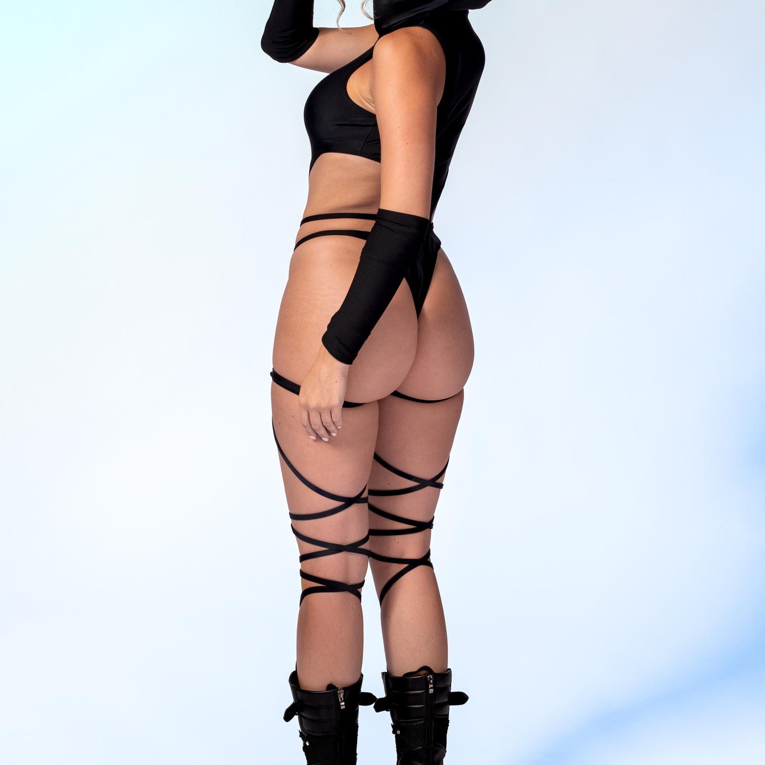 Just Black Hooded Strappy Bodysuit Lycra