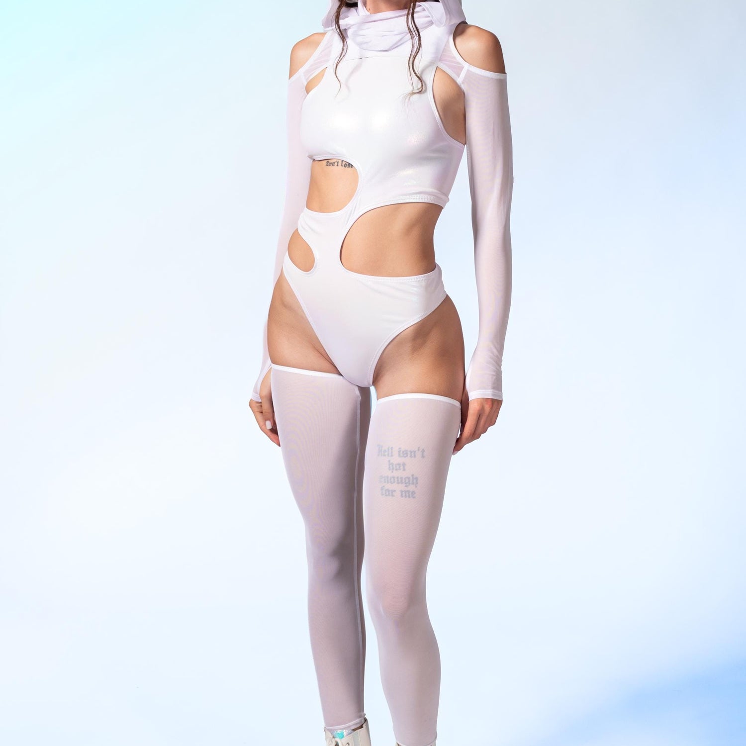 Desert Ghost Asymmetrical Bodysuit Lycra, Mesh, Sparkly