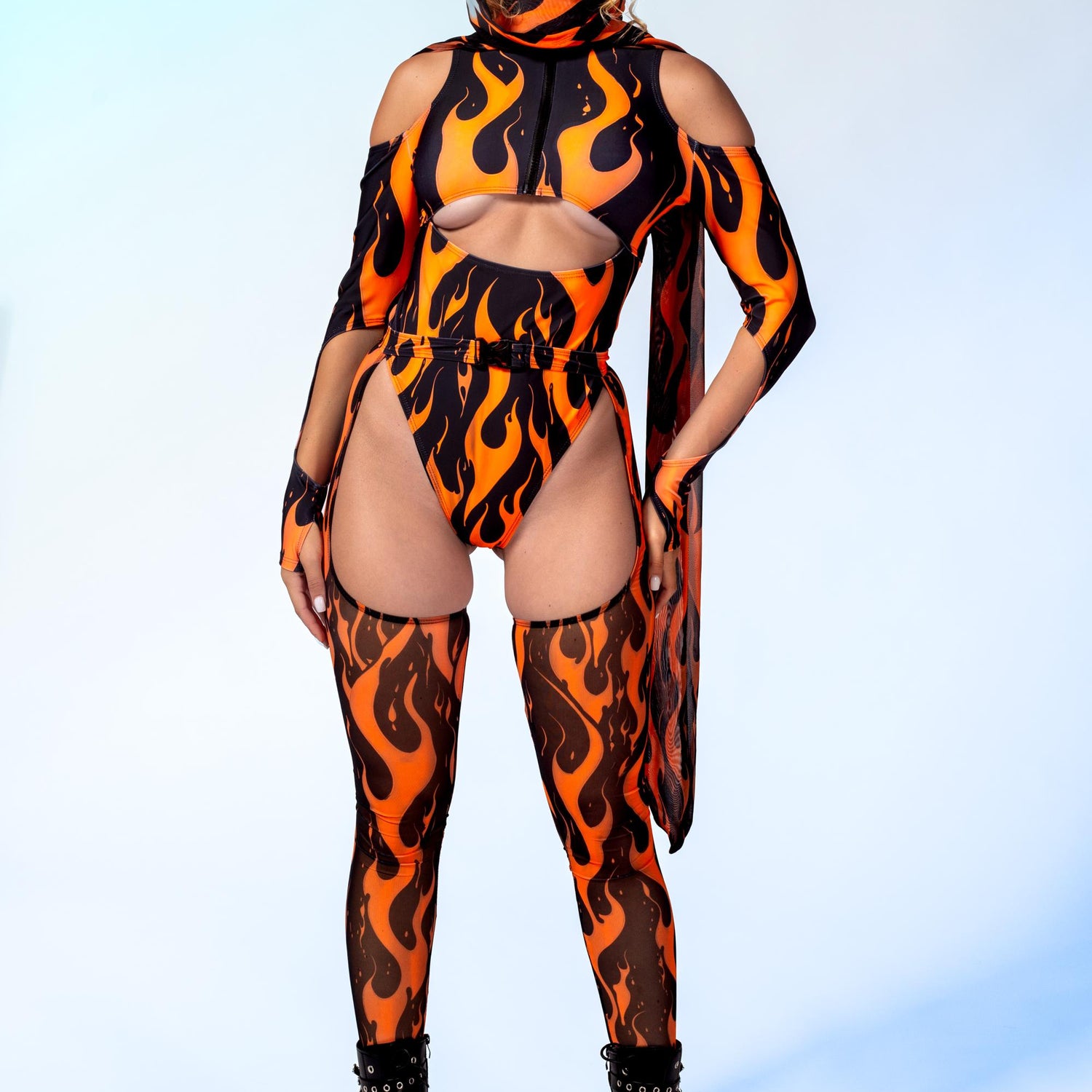 Heat Is On Zipped Bodysuit Black, Orange