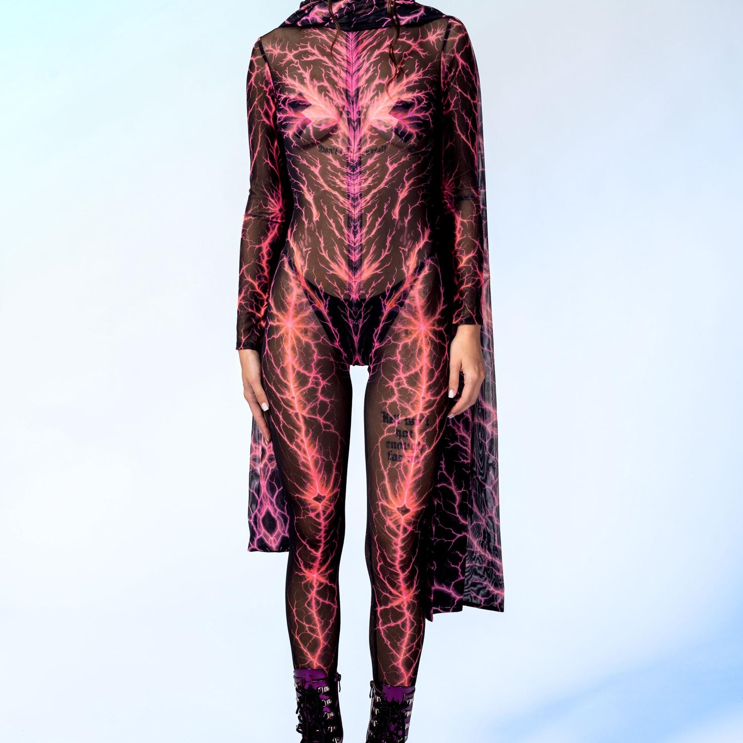 Shock Waves Pink Long Hooded Scarf Mesh, UV Reactive