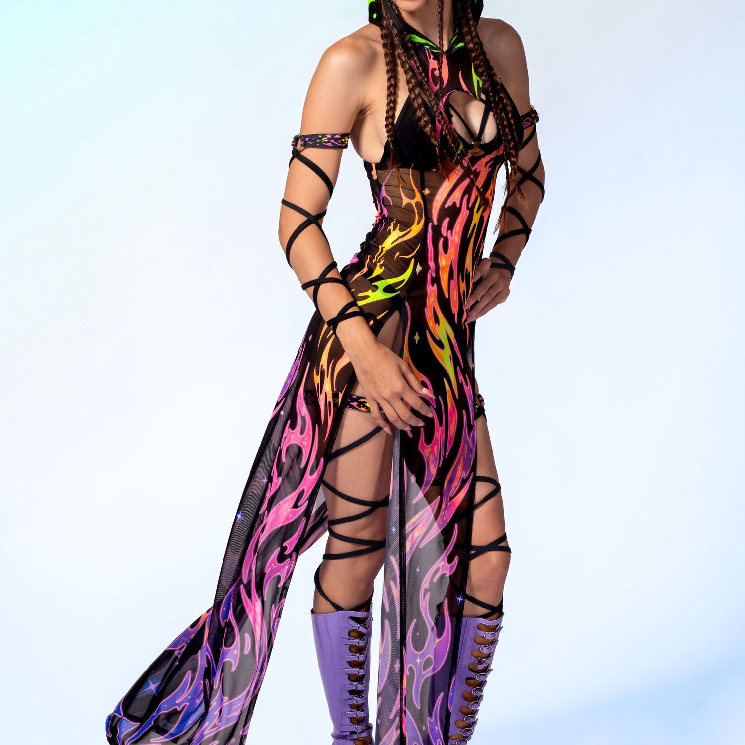 Serpentine Flame Mesh Hooded Dress Black, Pink