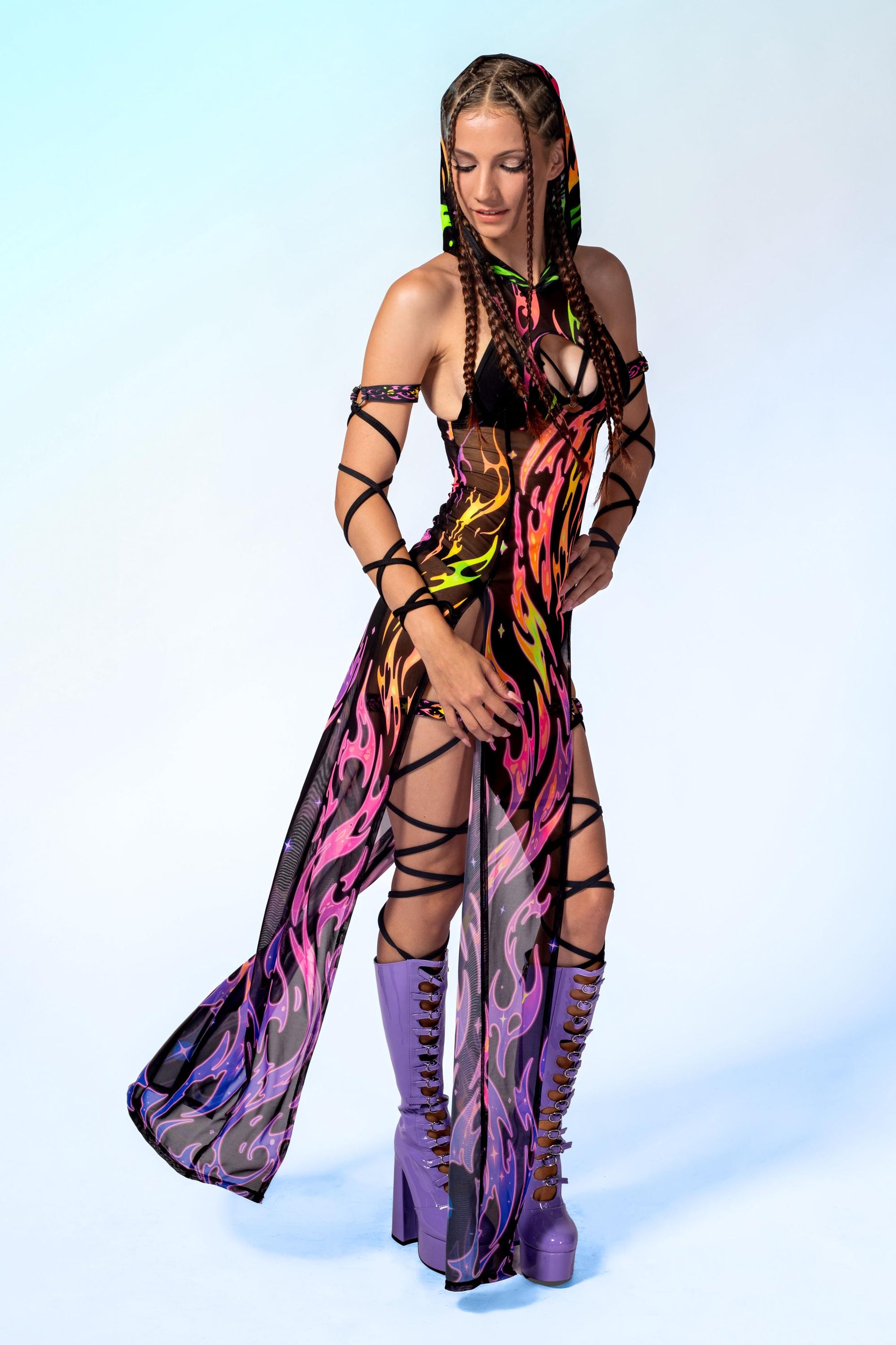Serpentine Flame Mesh Hooded Dress 2