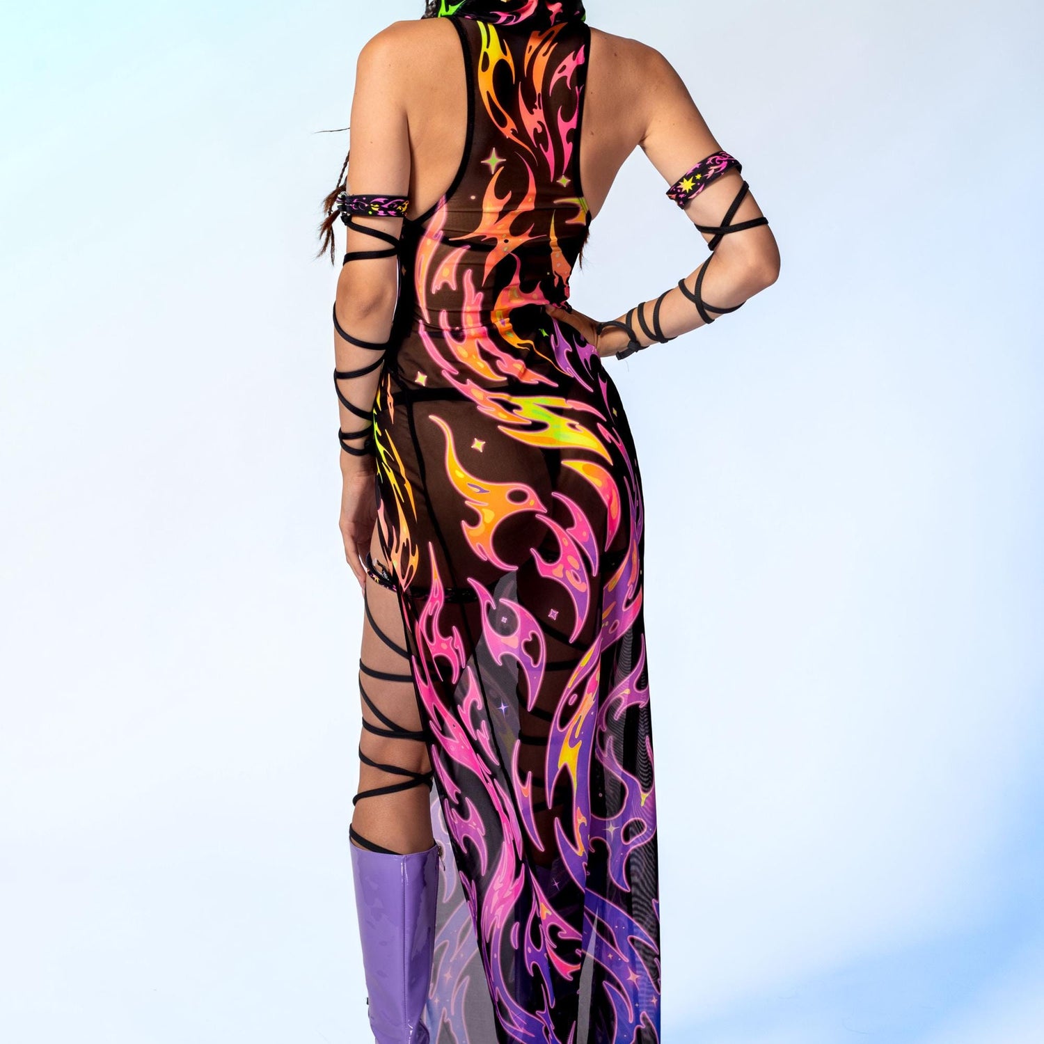 Serpentine Flame Mesh Hooded Dress Festival