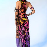 Serpentine Flame Mesh Hooded Dress