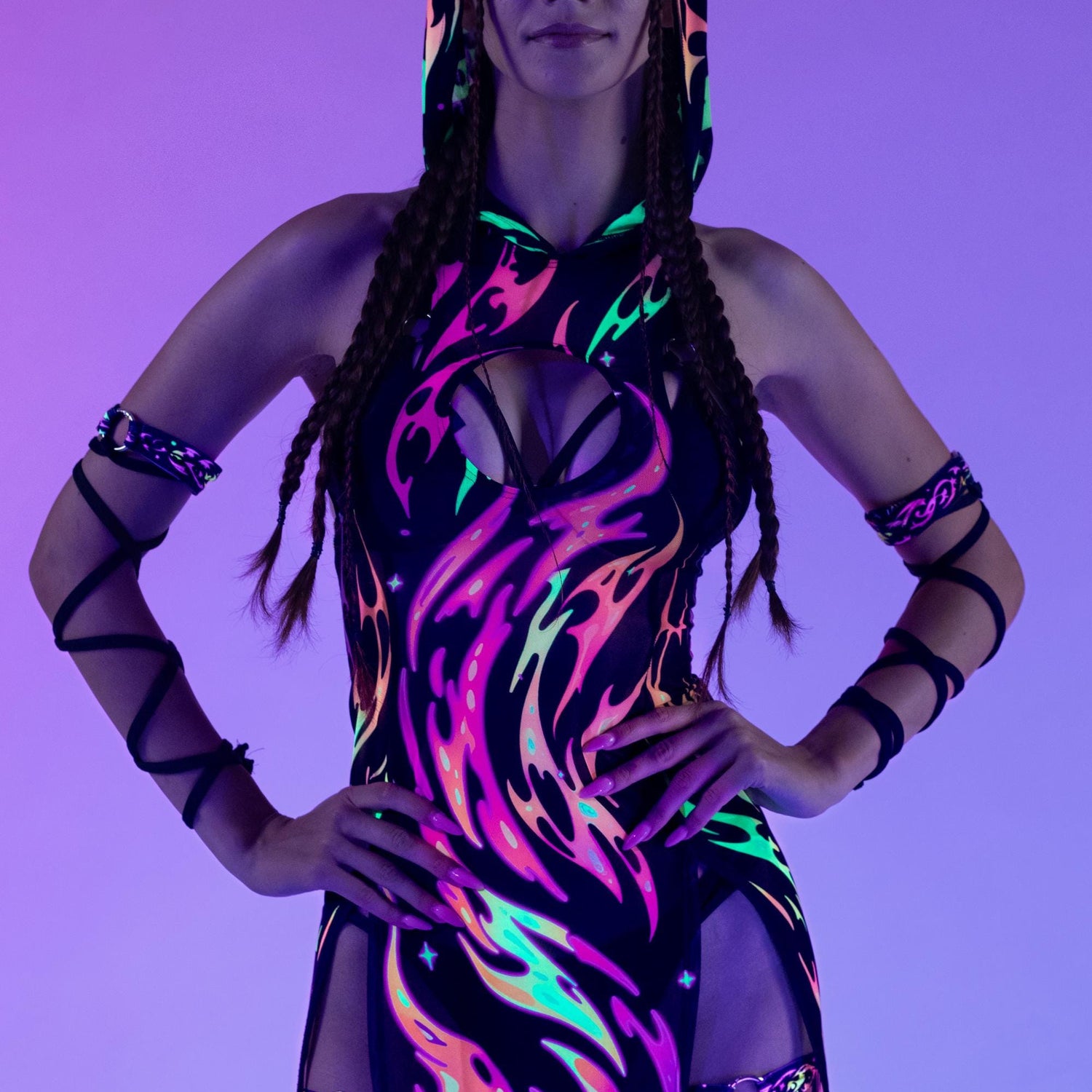 Serpentine Flame Mesh Hooded Dress Mesh, UV Reactive