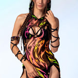 Serpentine Flame Mesh Hooded Dress