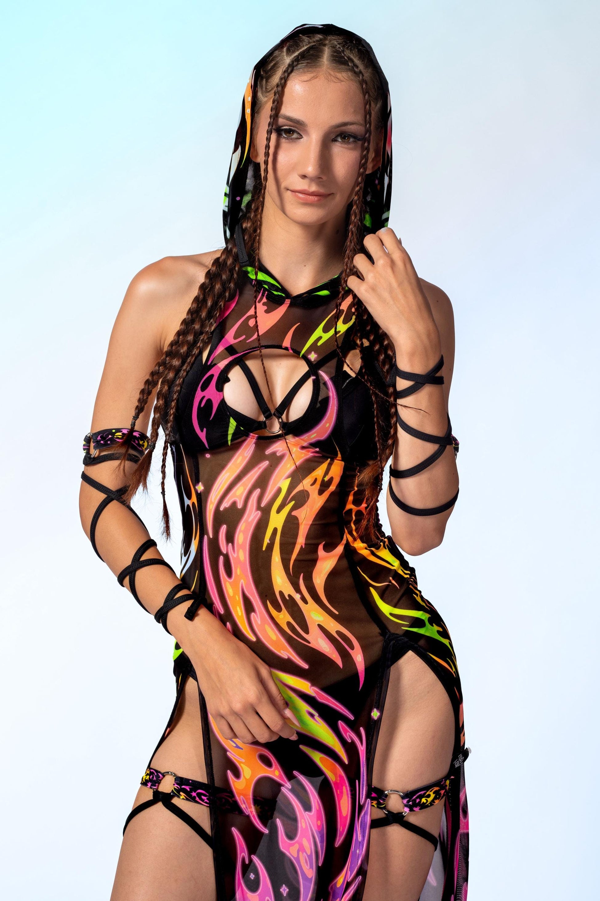 Serpentine Flame Mesh Hooded Dress 1