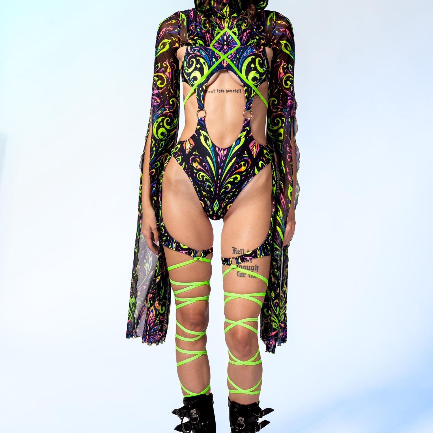 Psychic Garden Cutout Strappy Romper Black, Green
