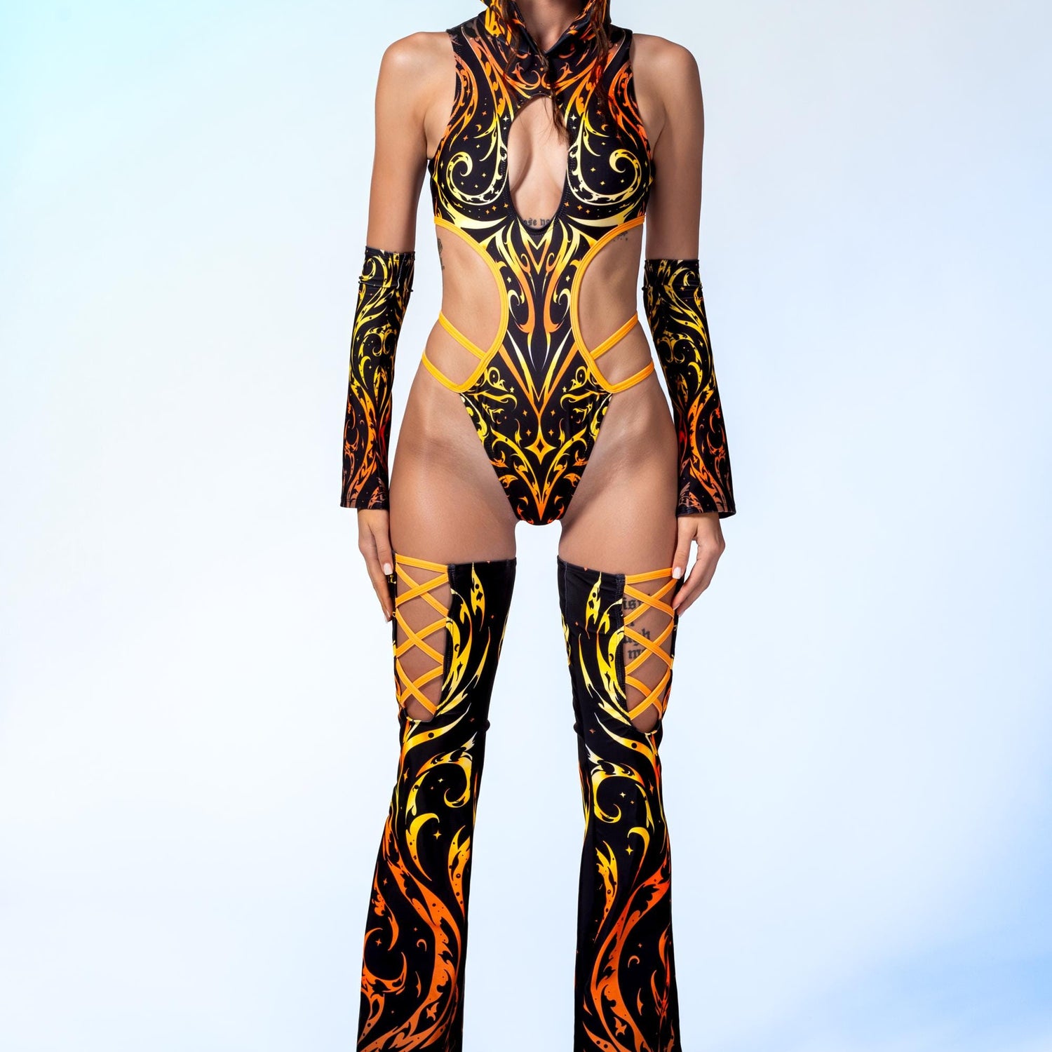 Pyre Stripes Hooded Strappy Bodysuit Black, Orange