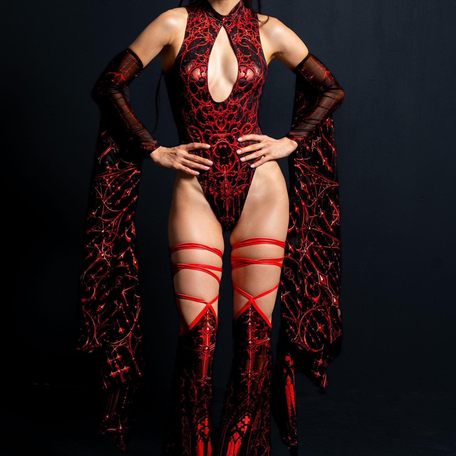 Only After Dark Strappy Back Bodysuit Black, Red
