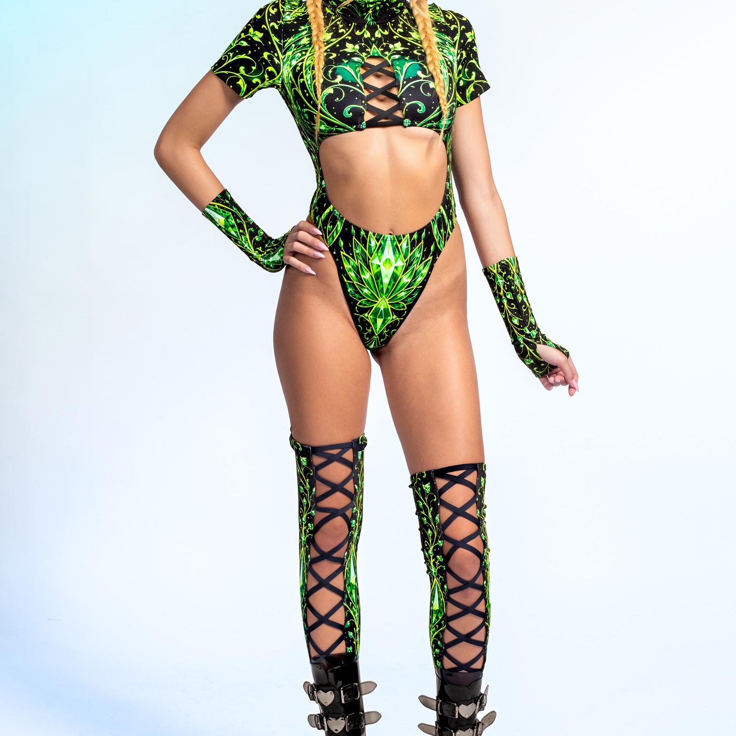 Phantom Green High-Neck Cutout Bodysuit Lycra, UV Reactive