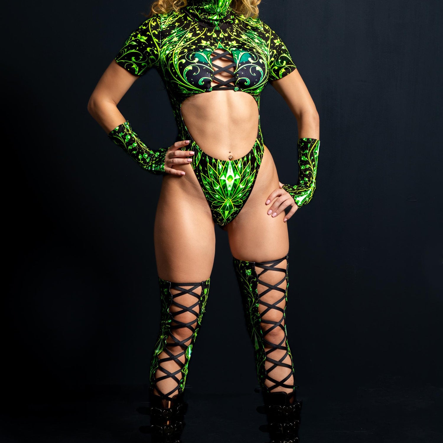 Phantom Green High-Neck Cutout Bodysuit Green