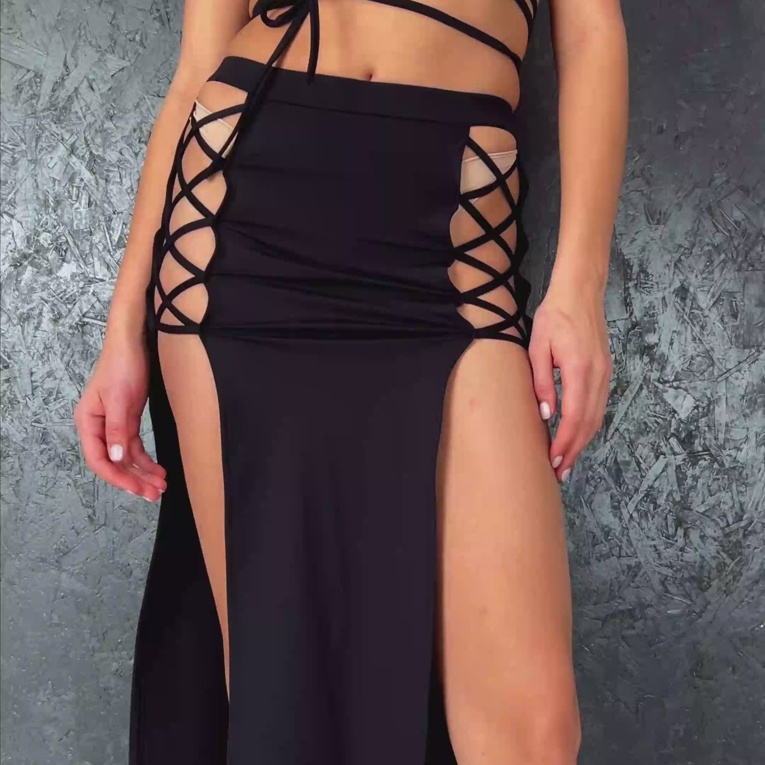 Women Just Black Cross Duster Skirt Set