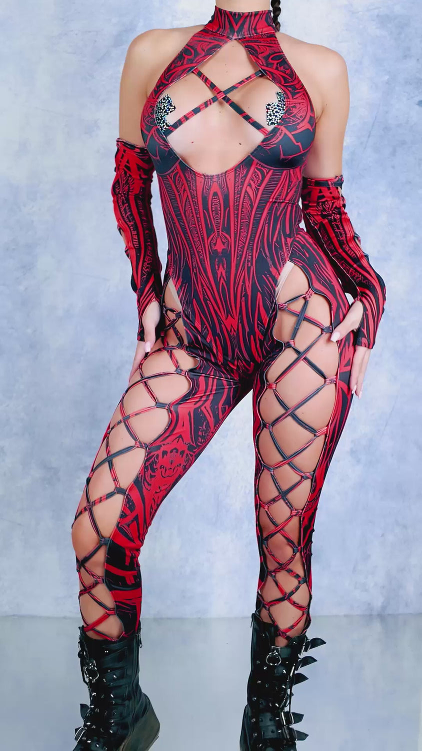 Women Unholy Red Criss-Cross Jumpsuit Set