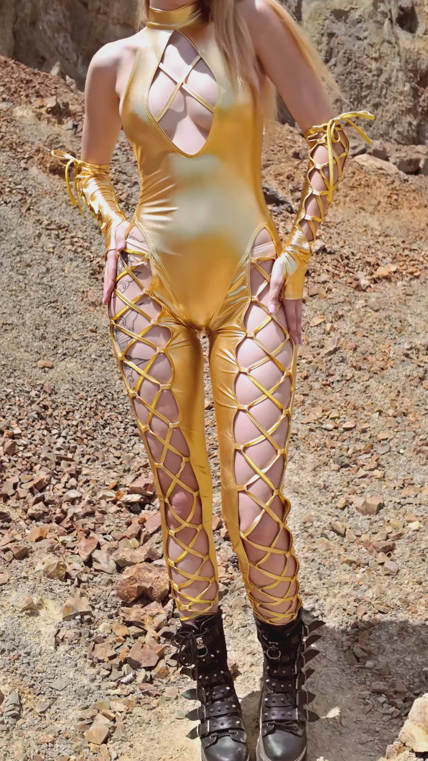Women Metallic Gold Criss-Cross Jumpsuit Set