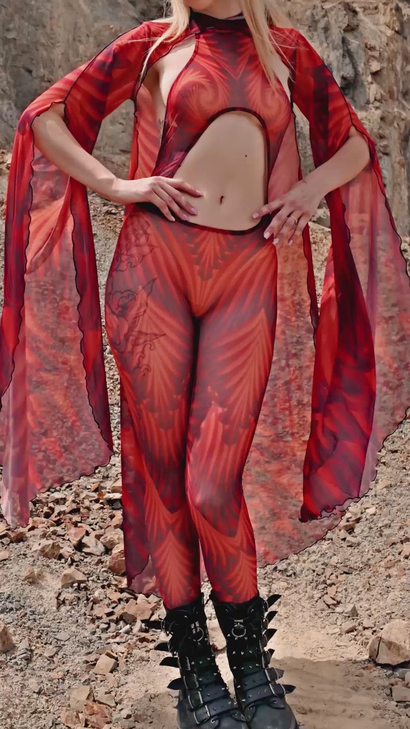 Women Psyverse Red Mesh Cloak