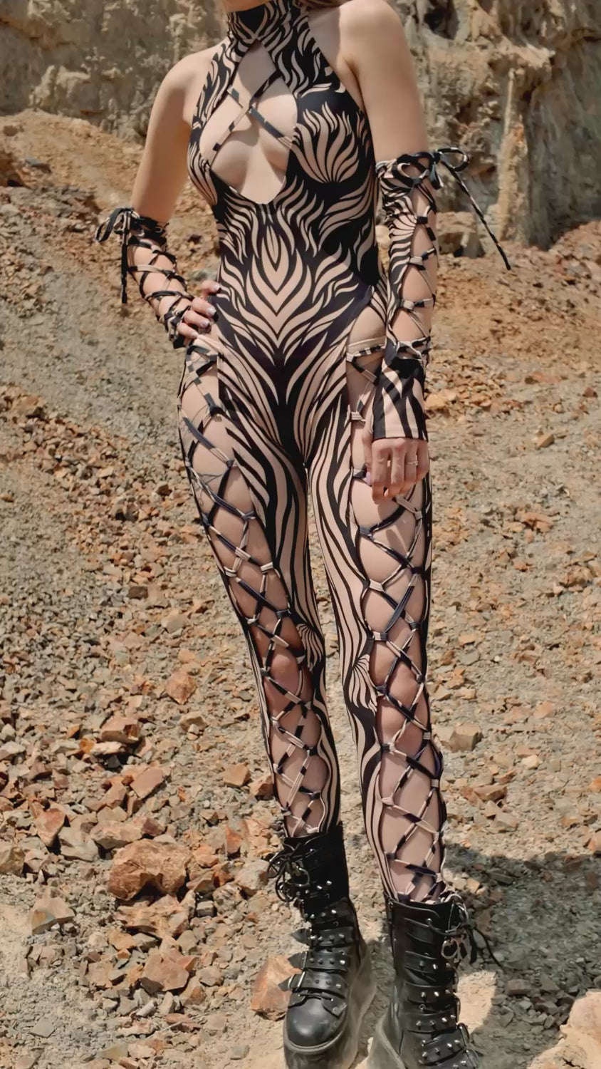 Women Venus Trap Nude Criss-Cross Jumpsuit Set