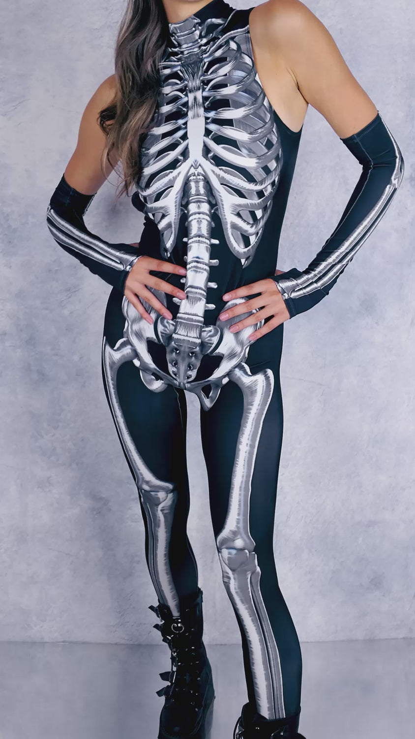 Women Silver Candy Skeleton Bare Back Catsuit