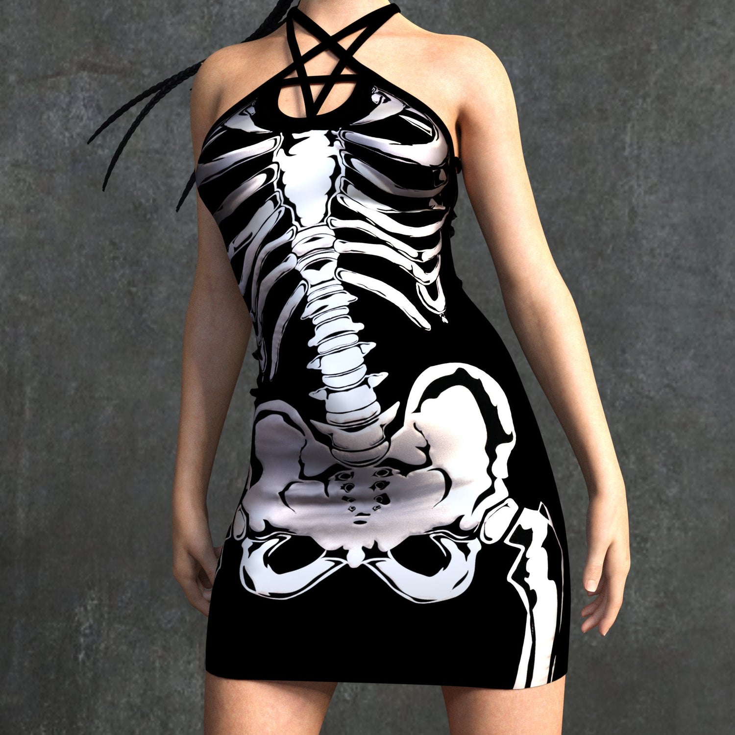 White Skeleton Pentagram Dress Black, White