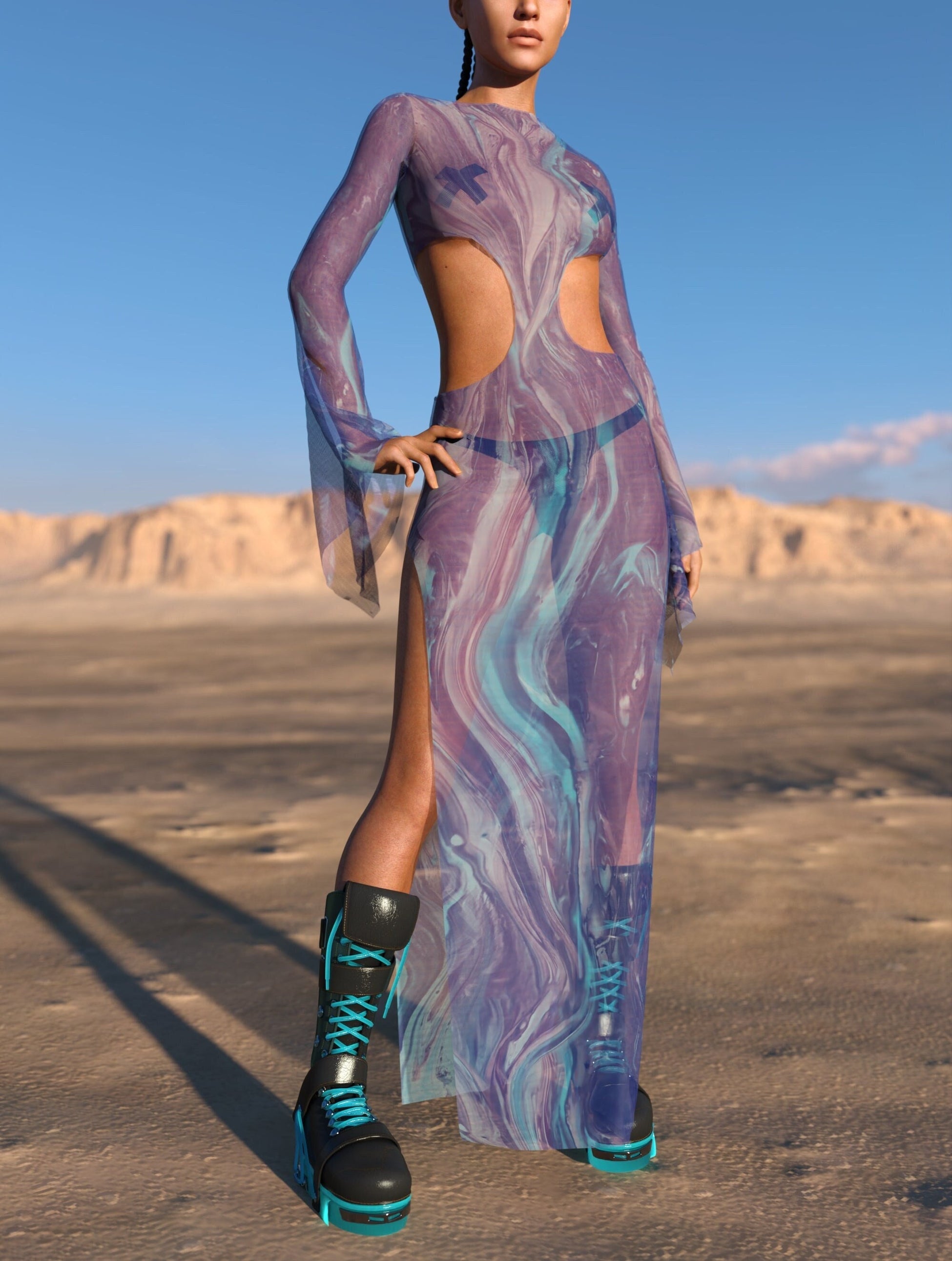 Catharctic Mesh Side-Cutout Long Dress 2