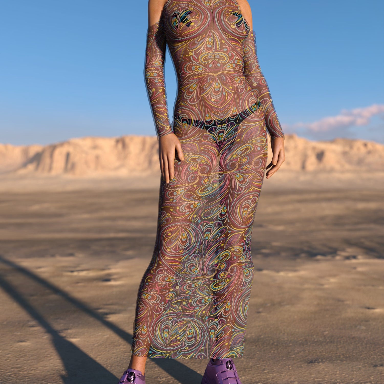 Hot Dot Mesh Bare Shoulder Long Dress Blue