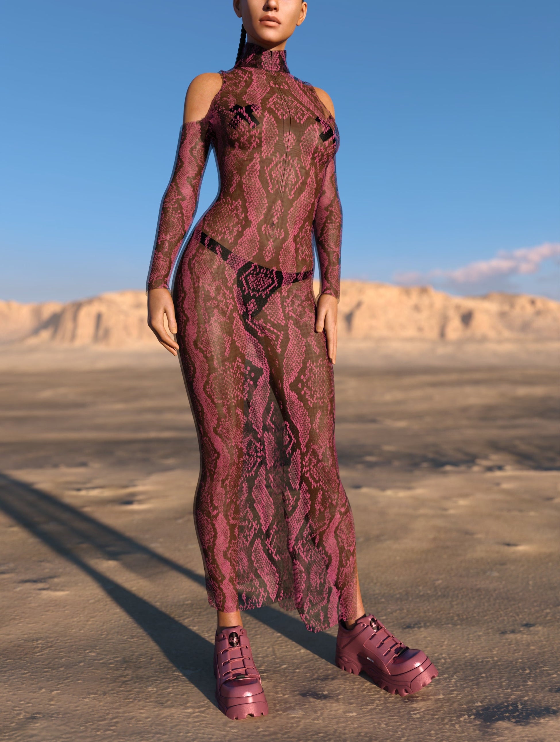 Pink MF Mesh Bare Shoulder Long Dress 2