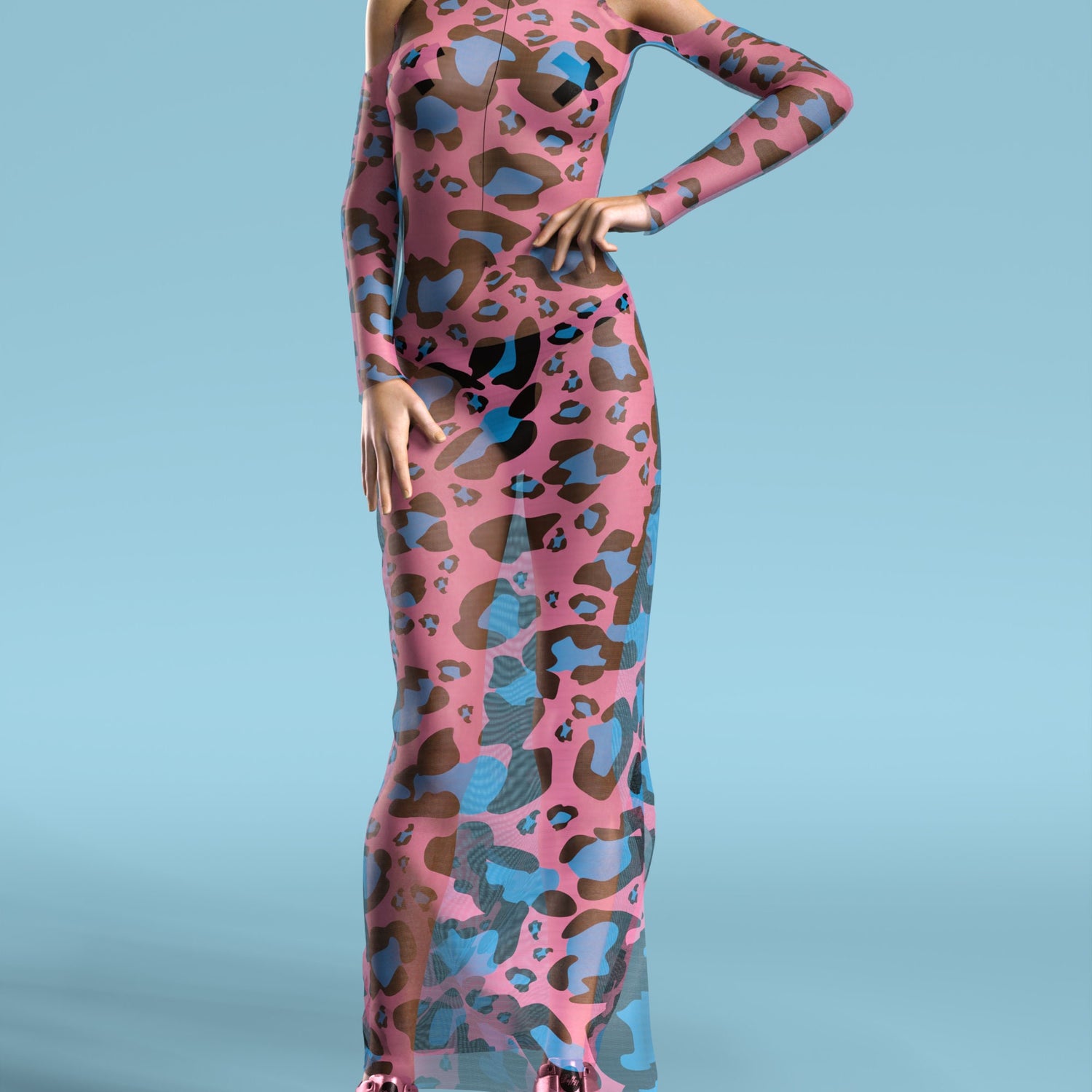 Women Feral Mesh Bare Shoulder Long Dress