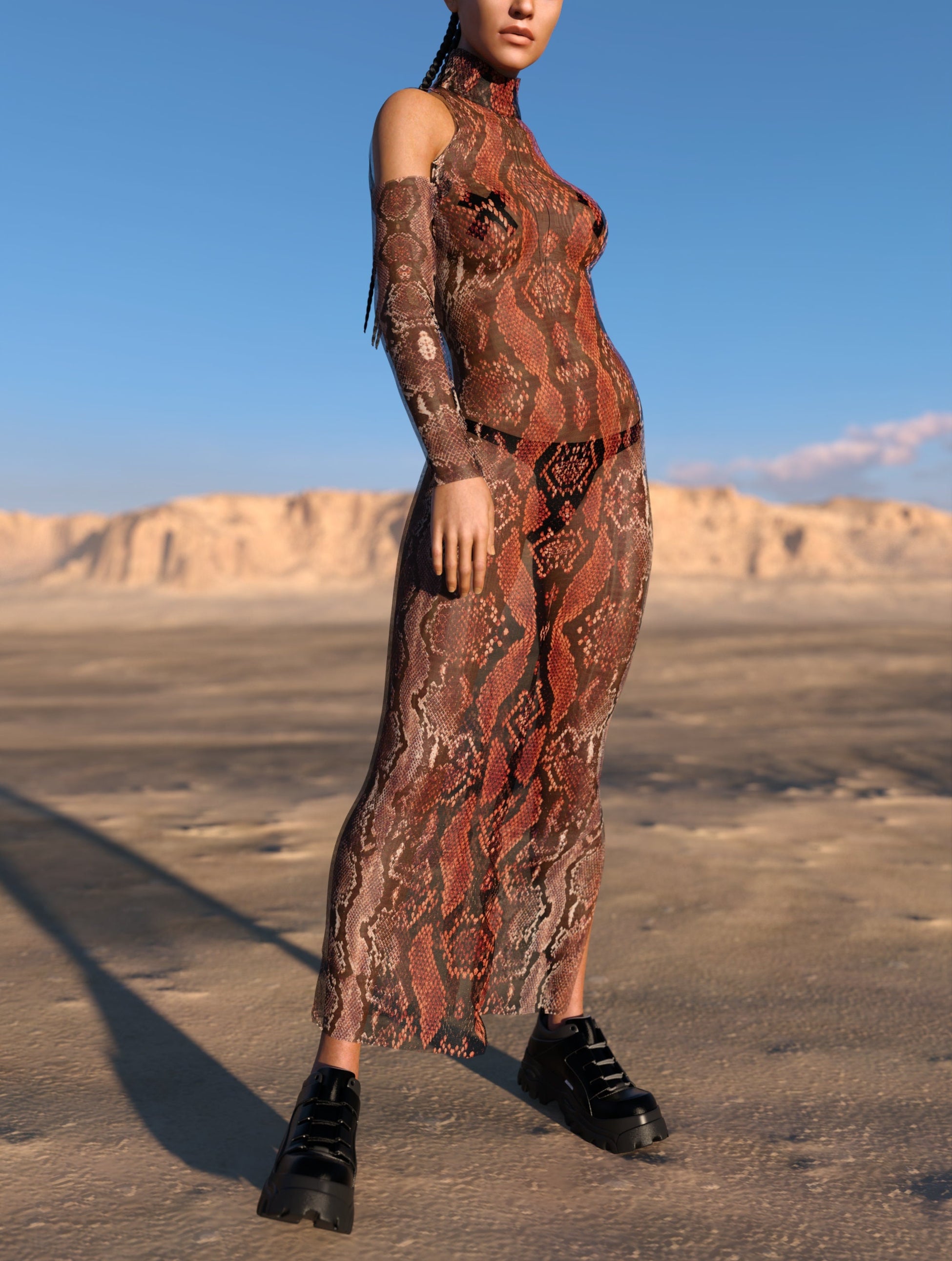 Red MF Mesh Bare Shoulder Long Dress 2