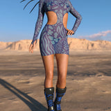 Blue Wilderness Mesh Side-Cutout Dress
