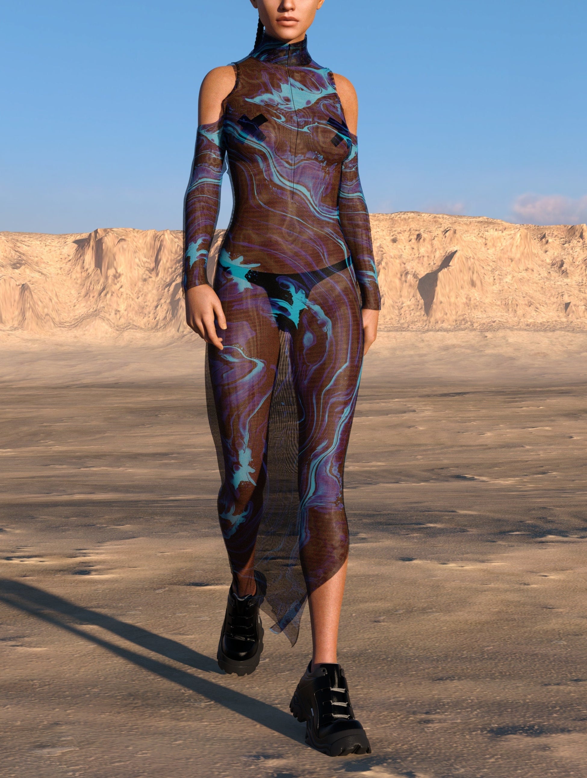 Bold Creature Mesh Bare Shoulder Long Dress 2