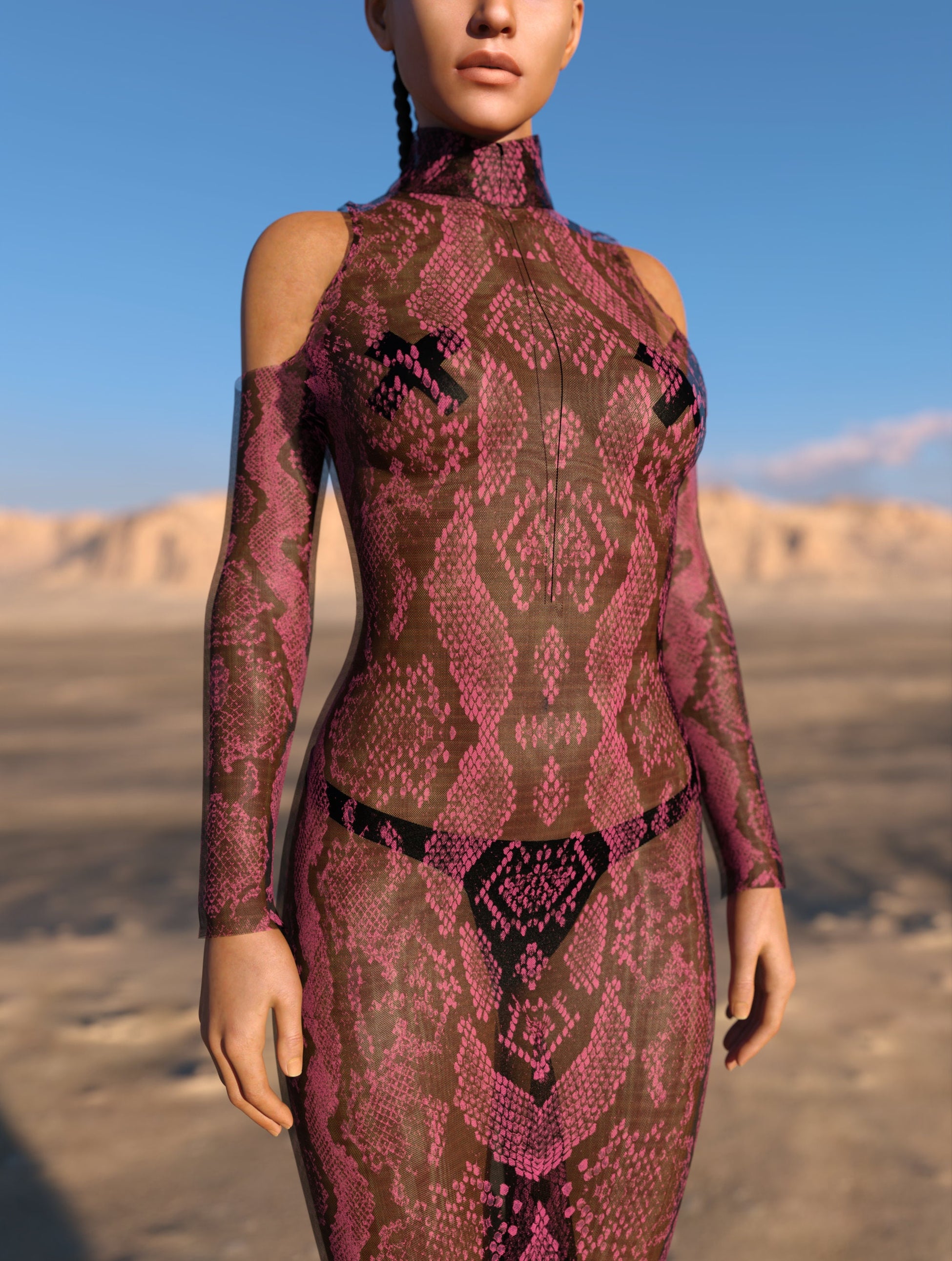 Pink MF Mesh Bare Shoulder Long Dress 1