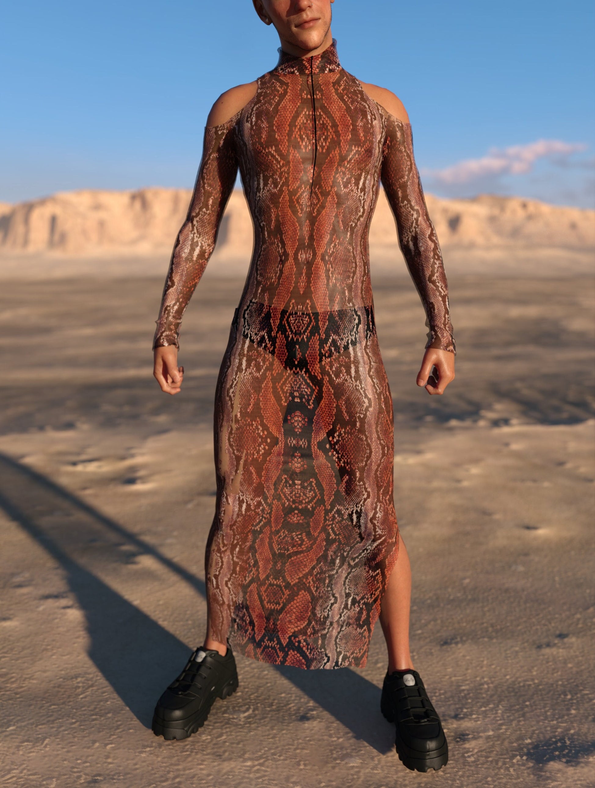 Red MF Mesh Male Bare Shoulder Dress 2