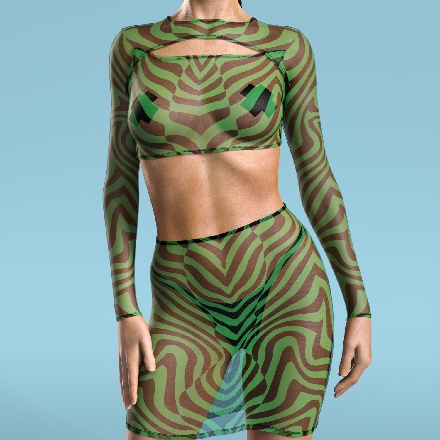 Women Zebrine Skin Green Mesh Basic Skirt Set