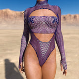 Agresly Purple Mesh Open-Heart Leotard