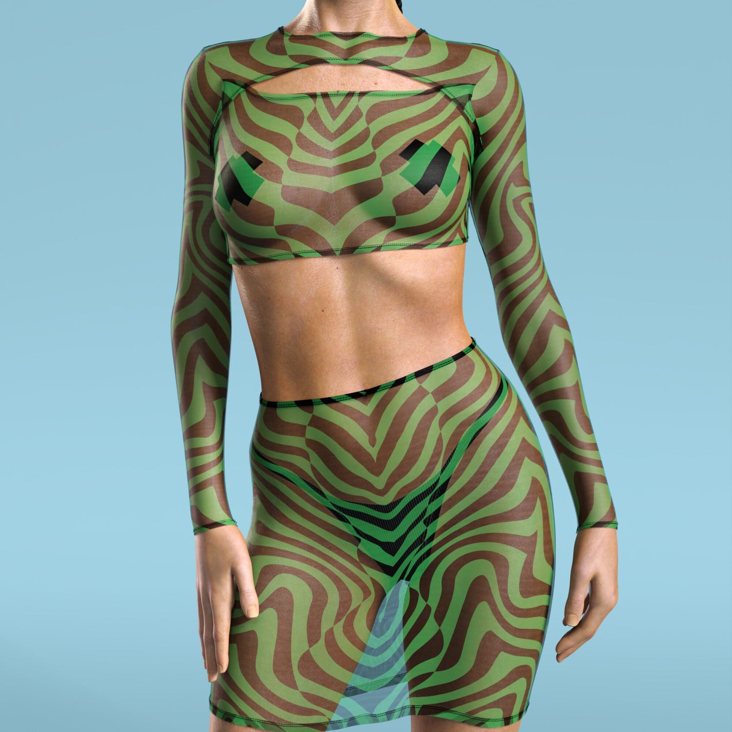 Women Zebrine Skin Green Mesh Basic Skirt