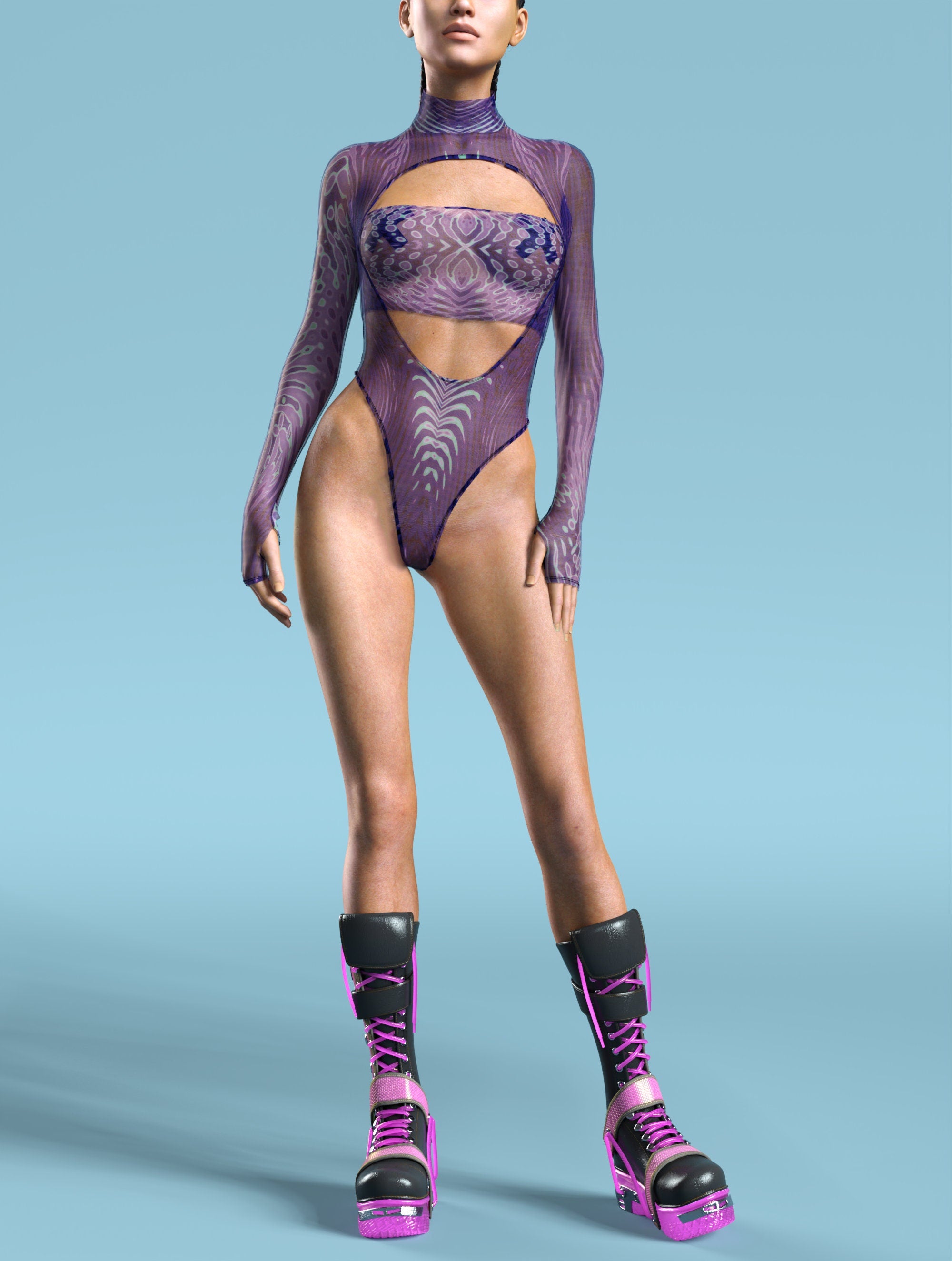 Agresly Purple Mesh Open-Heart Leotard Club