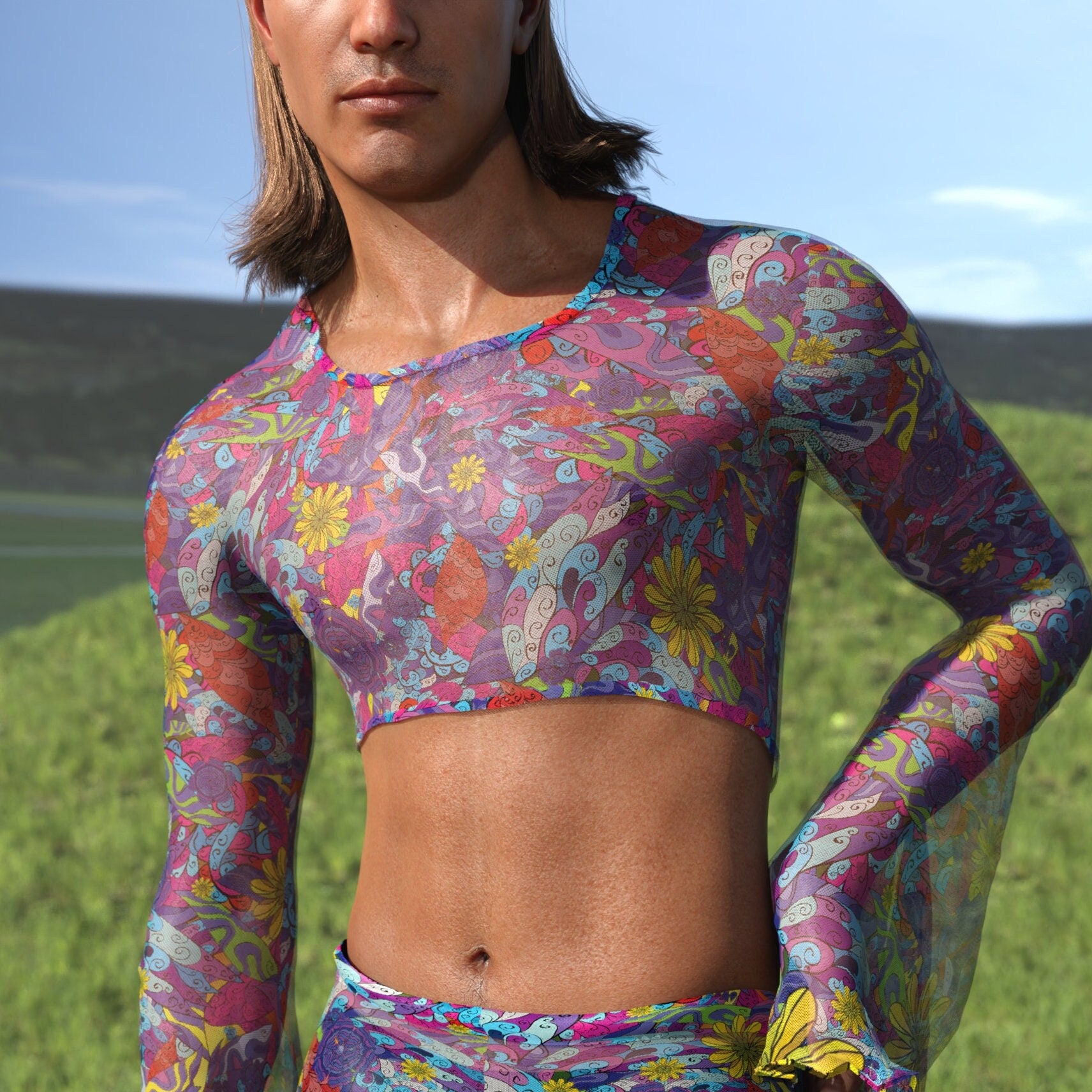 Moonblossom Mesh Male Bell Sleeve Top 2