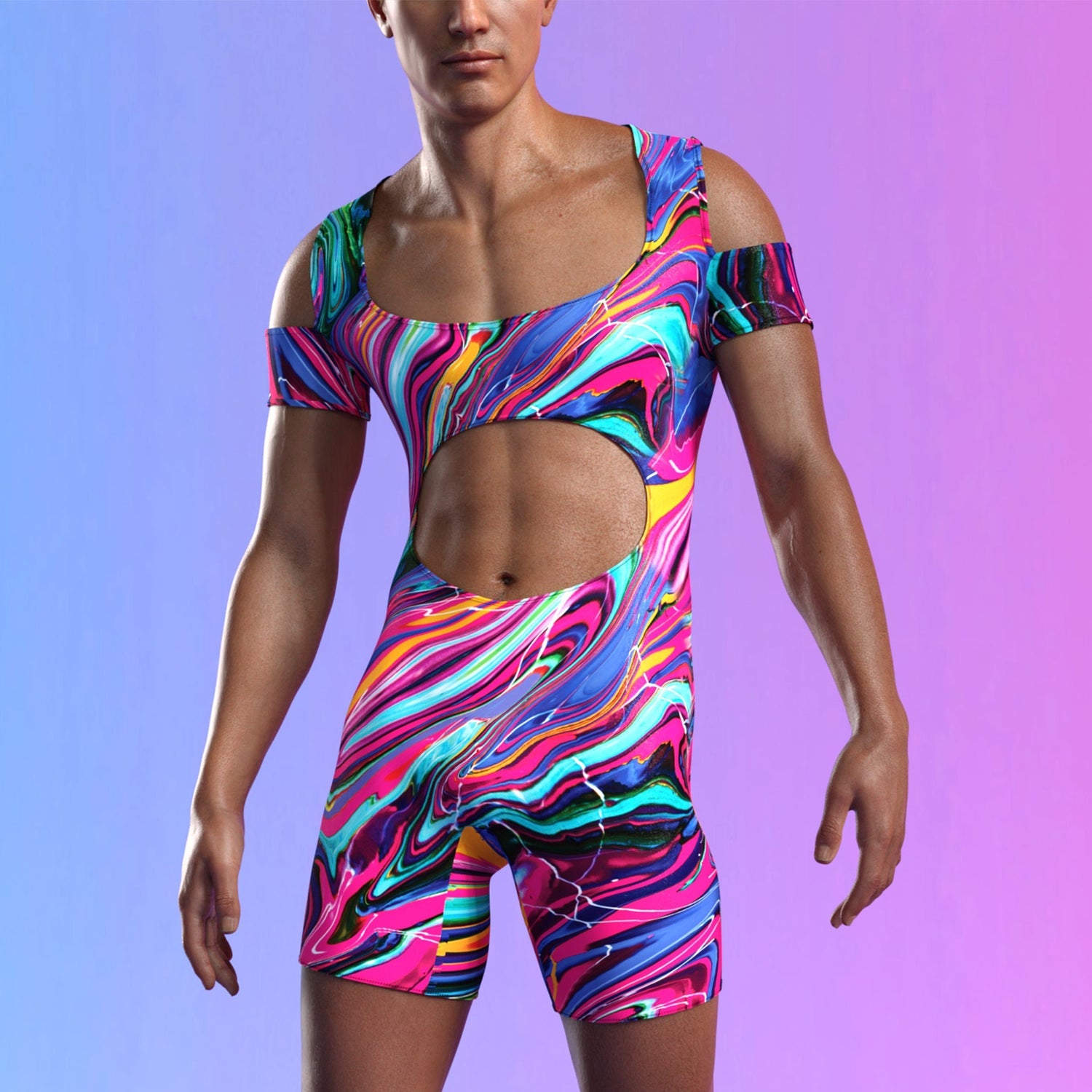 Vivid Vortex Male Cutout Romper Rainbow