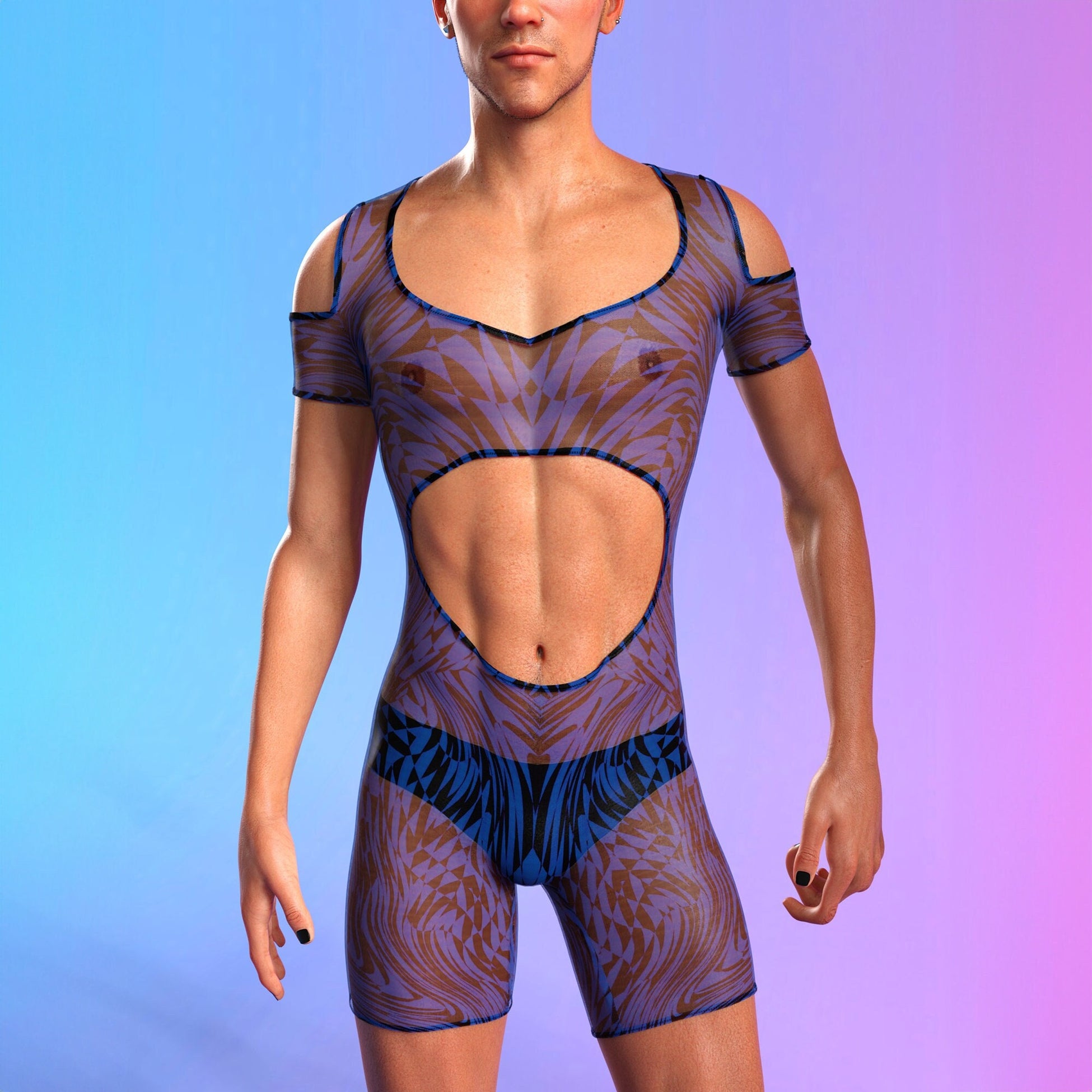 Refracted Mesh Male Cutout Romper 2
