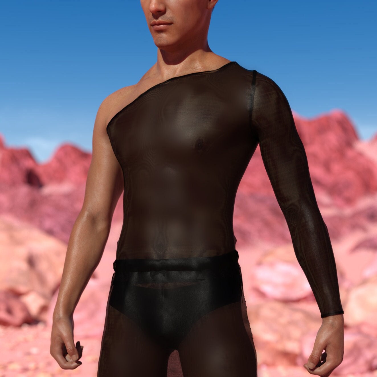 Just Black Mesh Male Asymmetrical Top