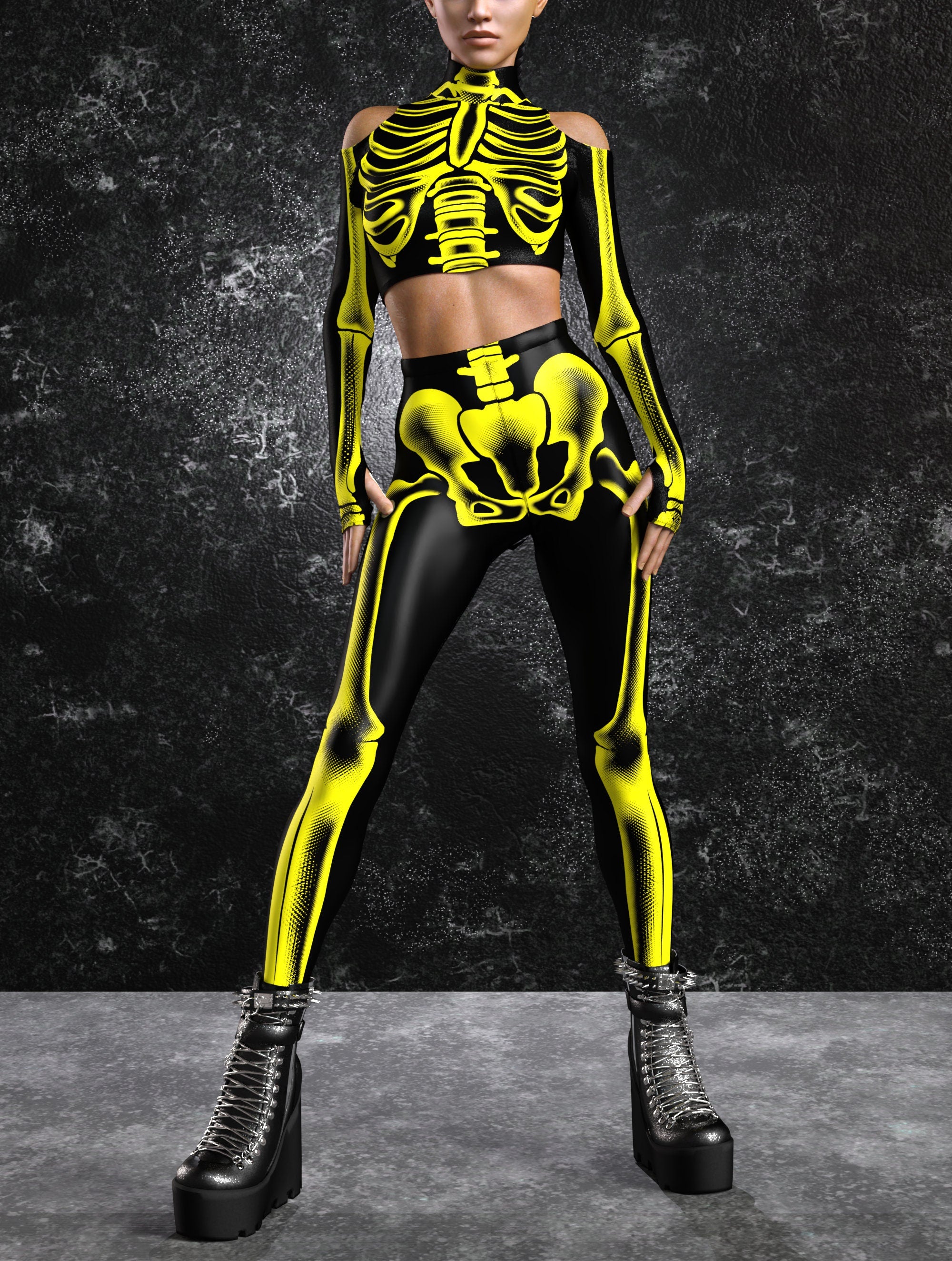 Women Halftone Skeleton Yellow Leggings