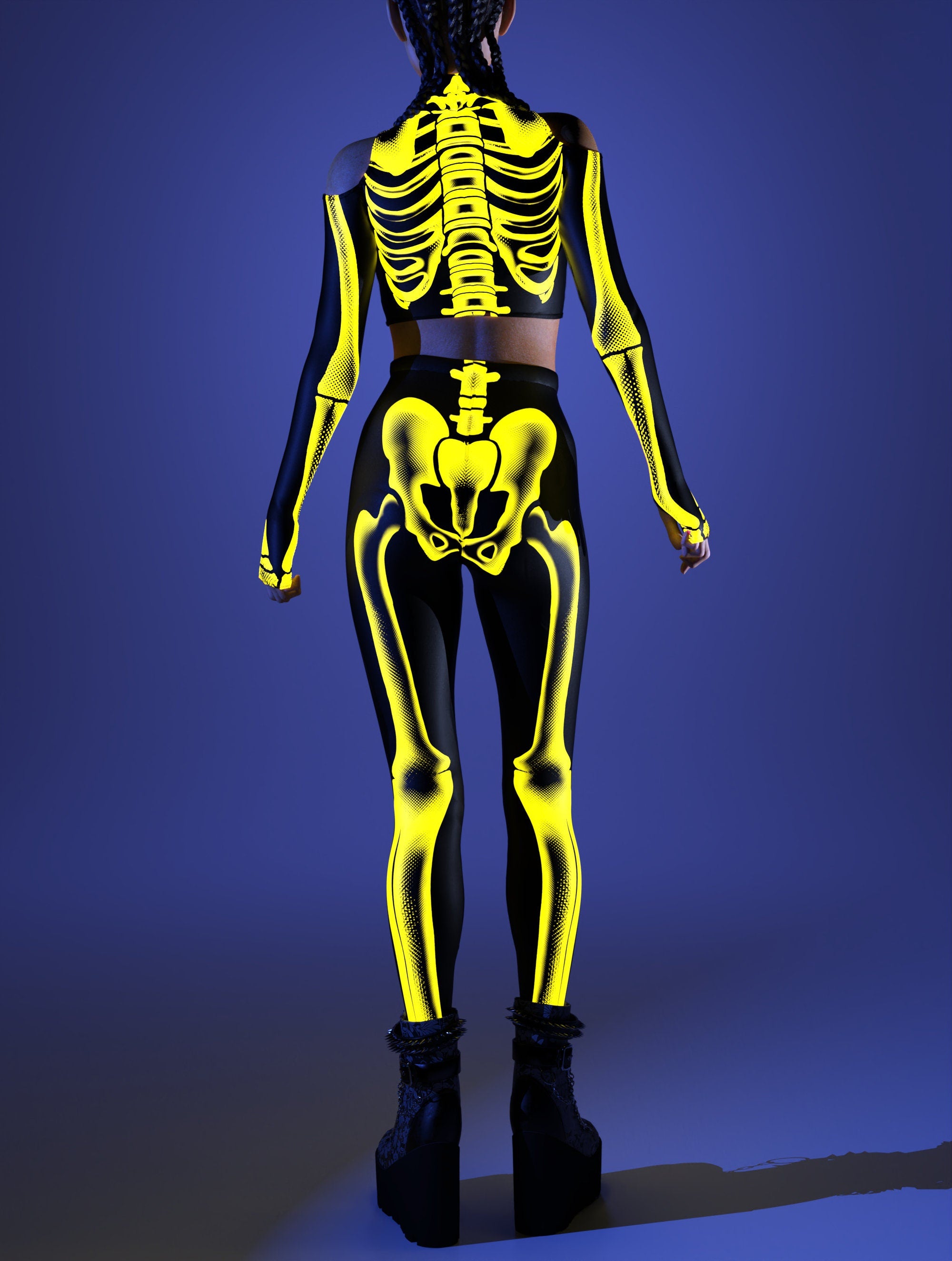 Halftone Skeleton Yellow Leggings UV Reactive