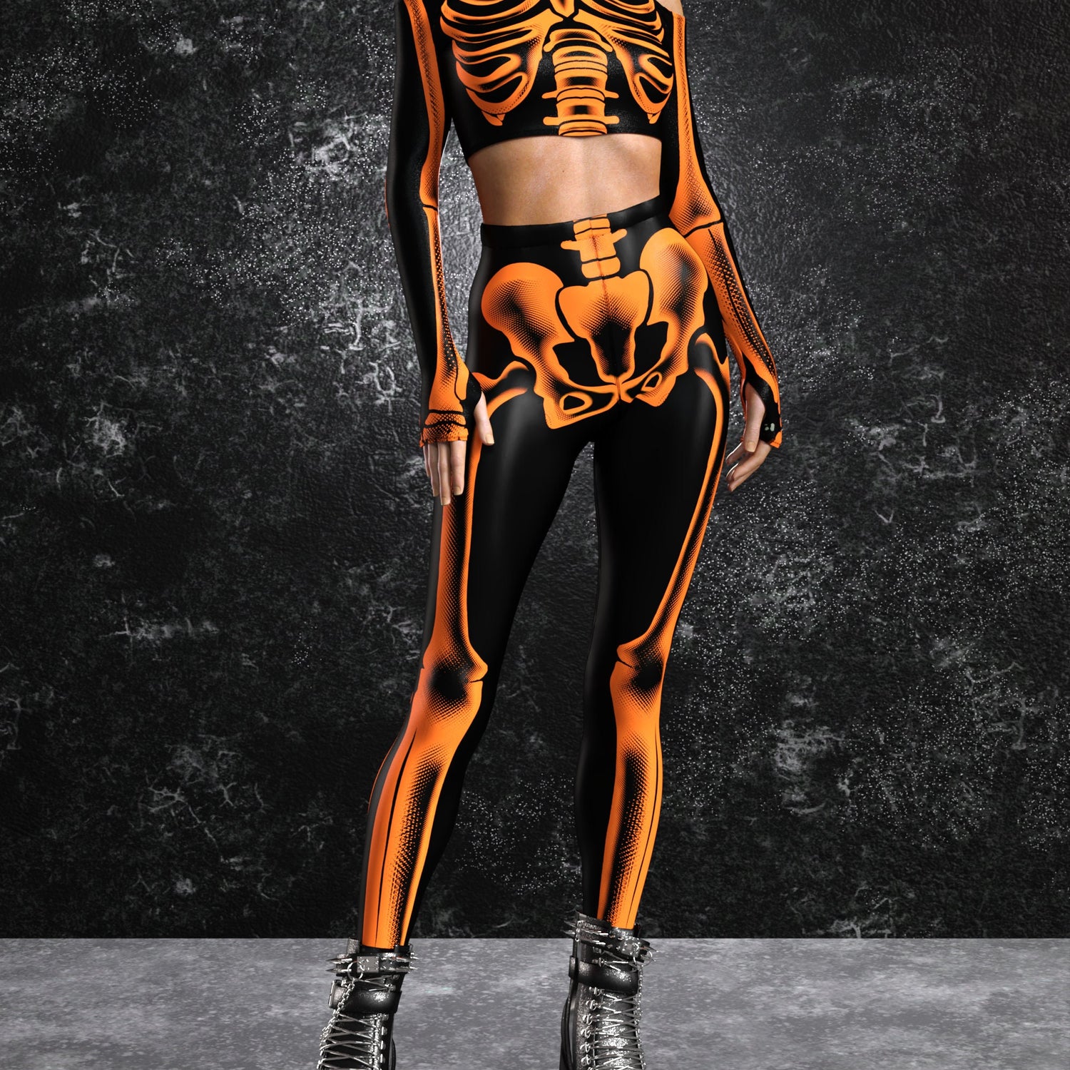 Women Halftone Skeleton Orange Leggings Set