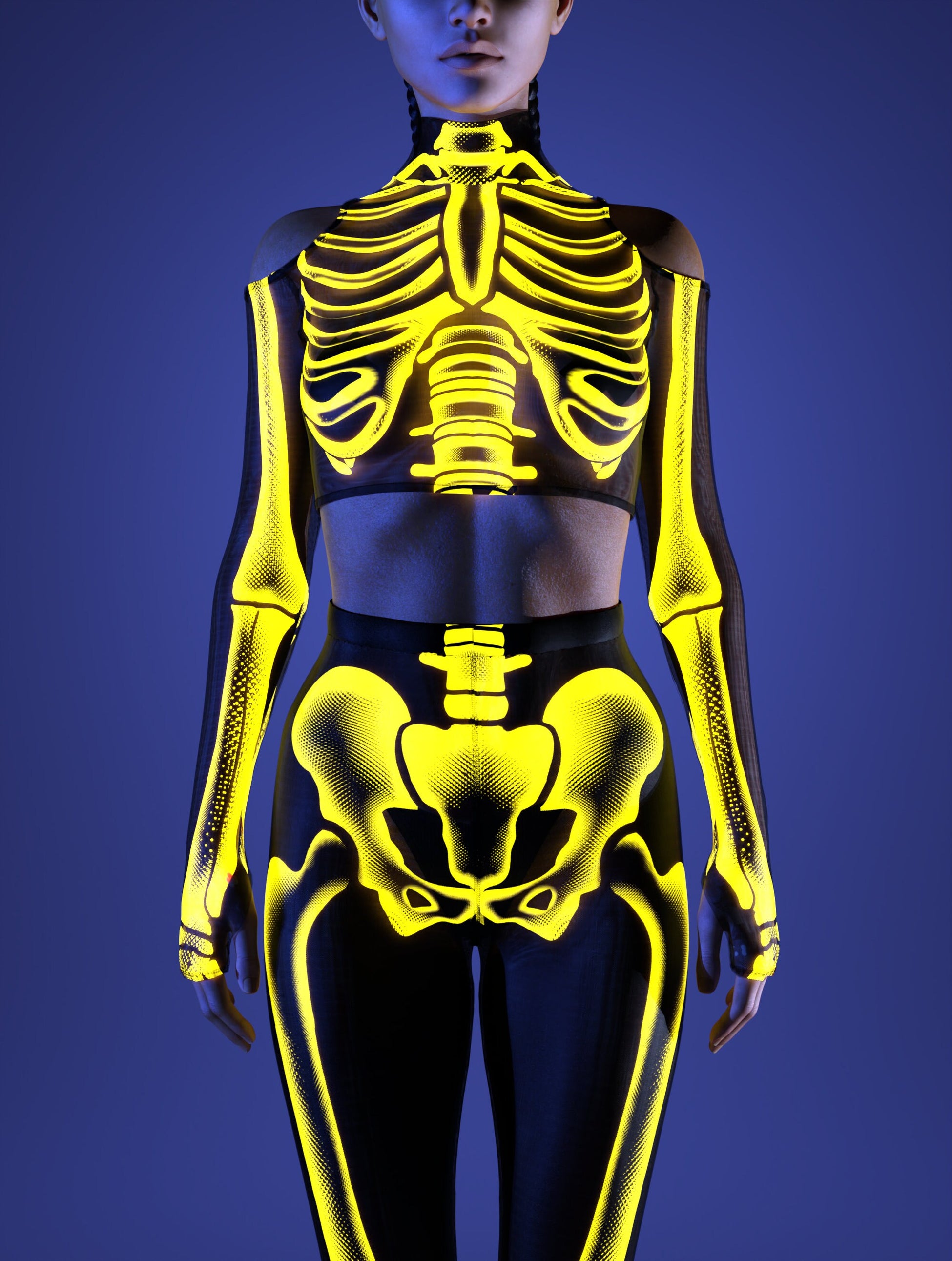 Halftone Skeleton Yellow Mesh Leggings Set 1