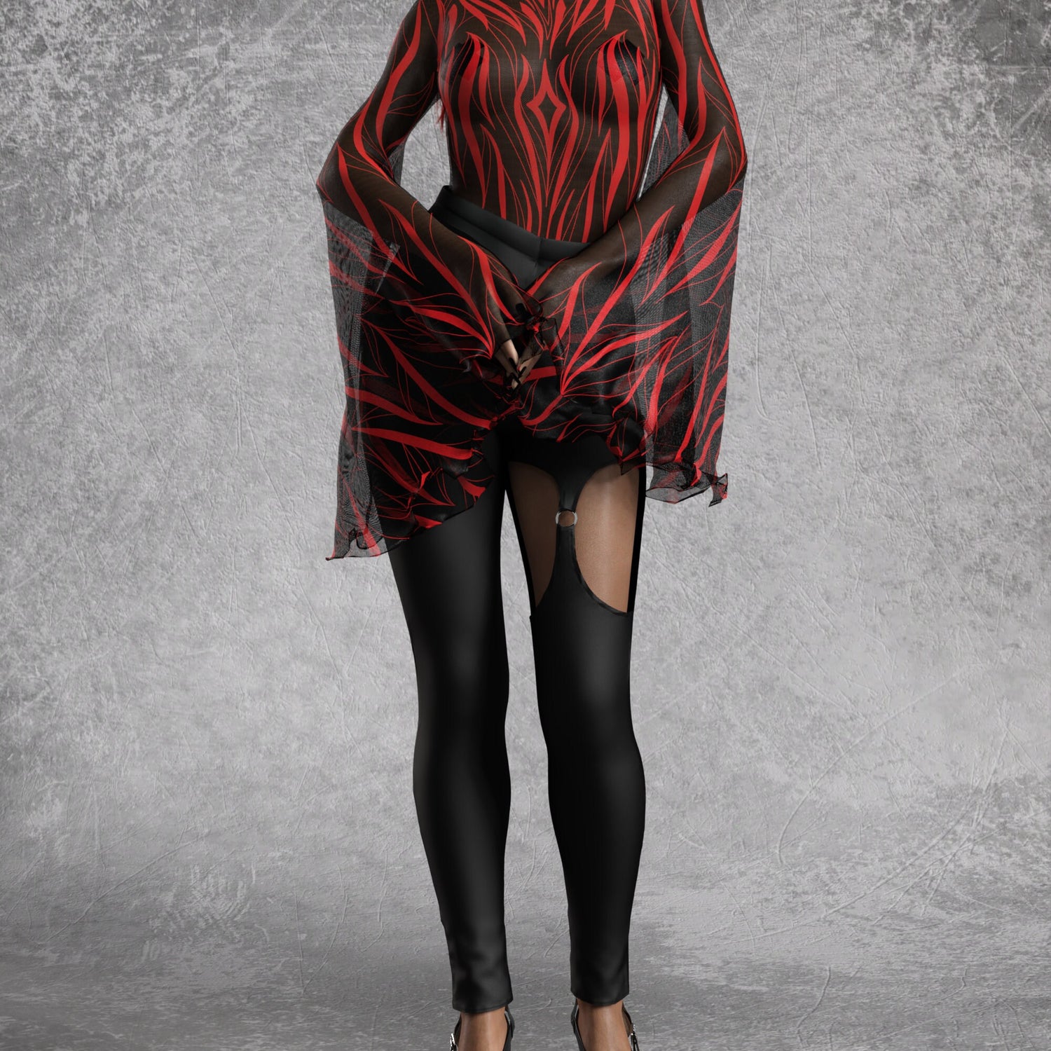 Heart Of Darkness Red Mesh Bare Back Leotard Black, Red